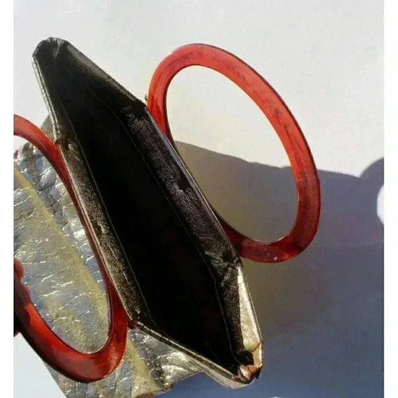 Vintage 1970s MCM Lady's Pride Lucite Handle Retro FOIL GOLD Bag Purse - Picture 3 of 3